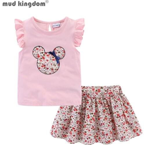 Mudkingdom Cute Girls Clothes Sets Floral 2Pcs Cartoon Kids Ruffle Sleeve Tank Top and Skirt Outfits for Girl Clothing Adorable