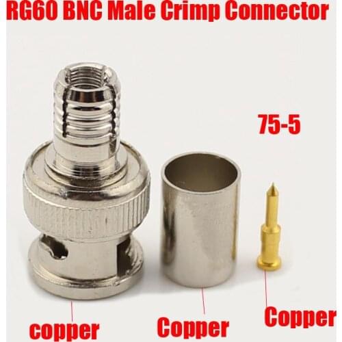 Pure copper RG60 BNC Connector male crimp plug for 75-5 RG60 coaxial cable, BNC Connector 3-piece crimp connector