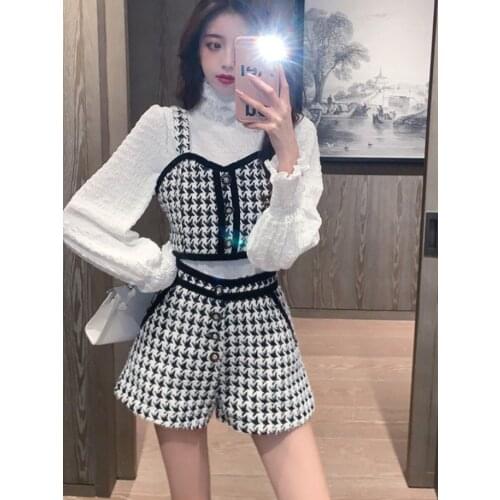 Korean Fashion Outfit Sexy Short Houndstooth Vest+ White Shirt Plaid Bow Suspender Mini Elastic High Waist Shorts Vacation