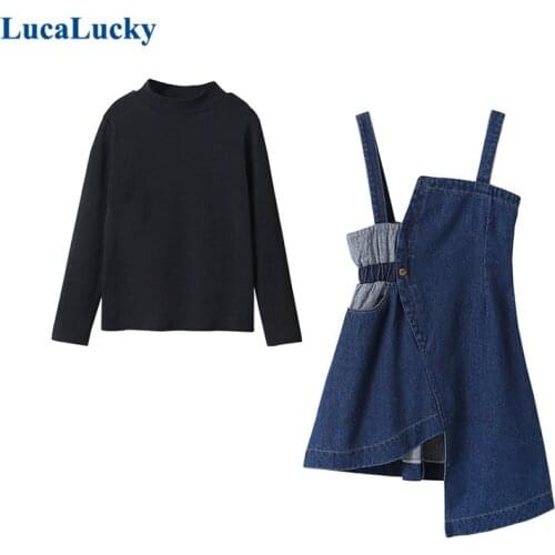 LucaLucky Children Denim Dresses Girls Clothing Sets Kids 2 Pcs Asymmetrical Suspender Dress & Black Sweatshirts Clothes 4-16Y