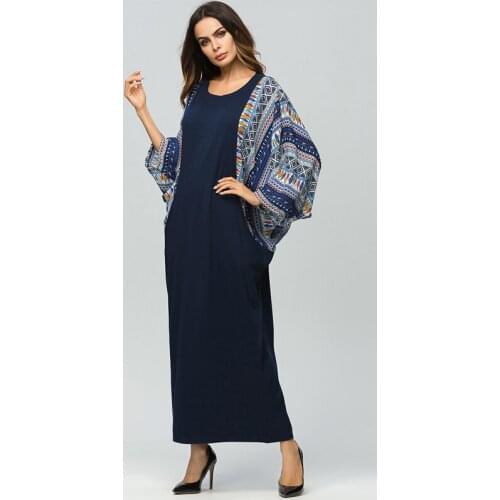 Plus size Middle East Women Abaya Muslim dress Batwing Sleeve Kaftan Islamic arabic Turkish printed patchwork Maxi dresses