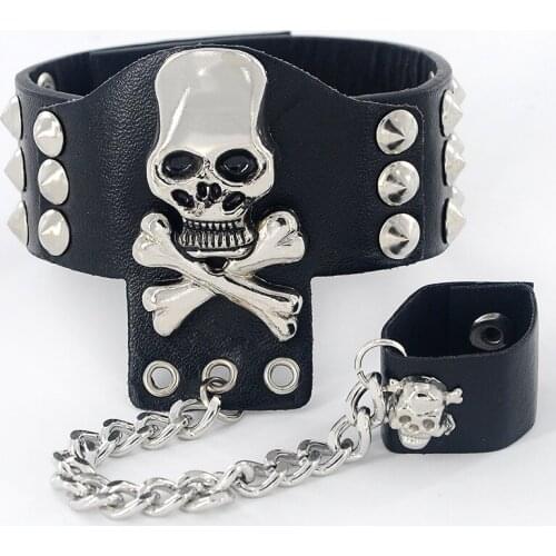 Gothic Skull Skull with Punk Rivet Cuffs Black Leather Punk Man Bracelet Bangle