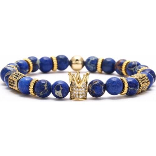 8mm natural beads with victory crown & hexagon shape paved cz zircon handmade charm bracelet for unisex energy jewelry