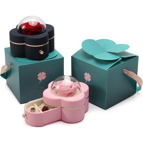 New Four-leaf Clover Rose Wedding Ring Box Necklace Pendant Jewelry Box for Lover Jewellery Display Storage Case