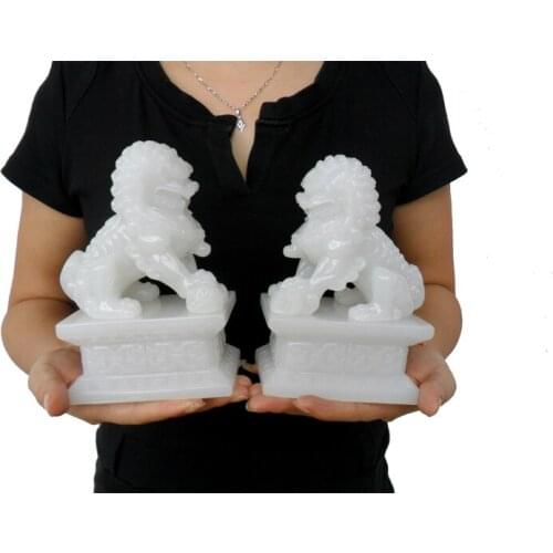 A pair 16CM HOME office Company shop efficacious FENG SHUI Talisman Inviting Money resin white jade kylin Lion Sculpture statue