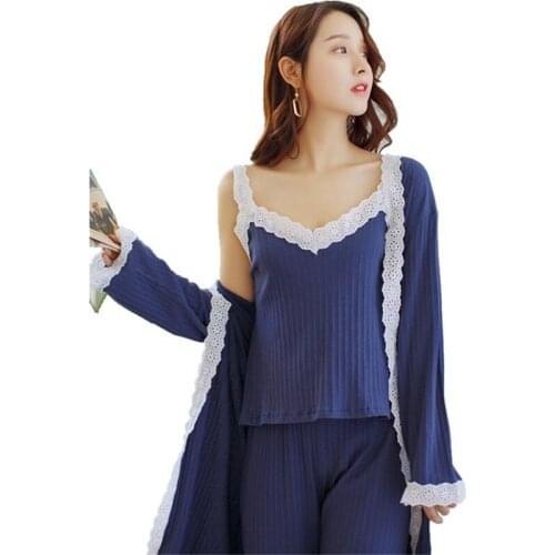 Pajamas autumn and winter womens long-sleeved sweet lace princess sling pajamas 3PC cotton homewear can be worn outside пижама