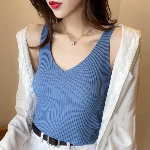 V-Neck Knit Top Elegant Blue Ice Silk Summer Tank Top Classic Vests For Women Elastics Sleeveless Korean Fashion Slim Plus Size