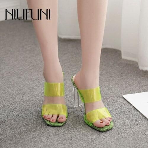 Fashion Womens Sandals 2019 Summer New Sexy Square Head Crystal With Slippers Wearing Transparent High Heels Womens Shoes
