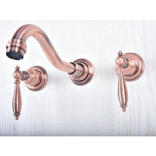 Antique Red Copper Finish Wall Mounted Bathroom Basin Faucet Double Handles Widespread 3 Holes Mixer Tap Lsf502