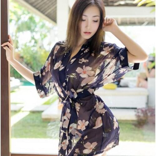 Sexy Bridesmaid Robes Women Sleepwear Printed Floral See-though Lingerie Robe Chiffon Bathrobe Porno Night Wear Summer Underwear