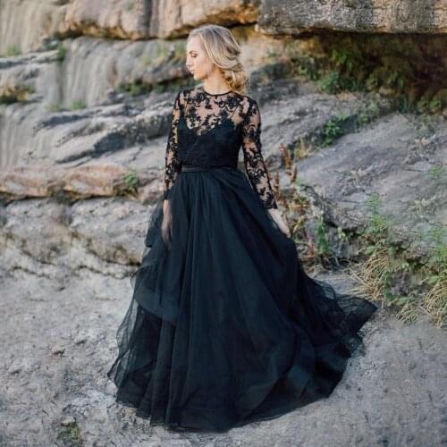 Scoop Long Sleeves A-line Outdoor Black Wedding Dress with Removable Lace Jacket Bridal Dress vestido de novia corto
