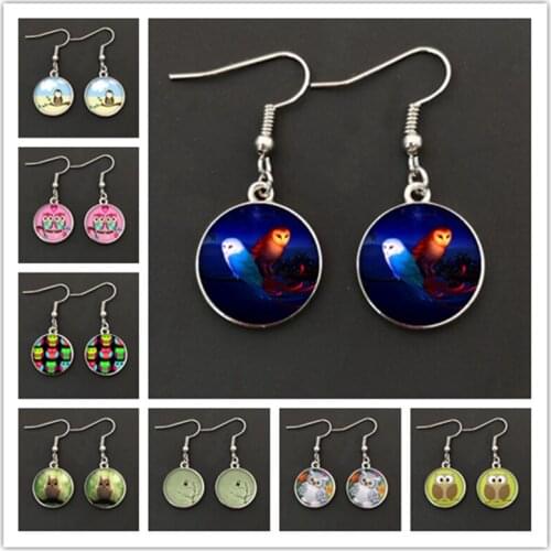 Cute cartoon owl on the tree glass earring cabochon animal owl bird glass dome jewelry earrings girl jewelry gift