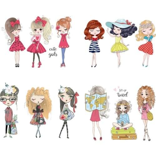 Iron on Transfer Three Little Girls Patches For Clothing Thermal Stickers on Clothes Princess Pattern Girls Clothing Appliques