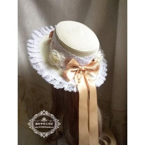 Vintage Big Bow Ribbon Lace Trim Bead Chain Straw Hat Japanese Lolita Mori Girl Elegant Party Princess Flat Cap Beach Cap Summer