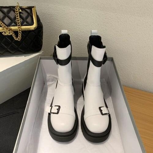 Gothic Punk Mixed Colors Motorcycle Boots Women Winter Warm Fur Platform Belt Buckle Tube Wide Calf Chelsea Boots Big Size 34-43