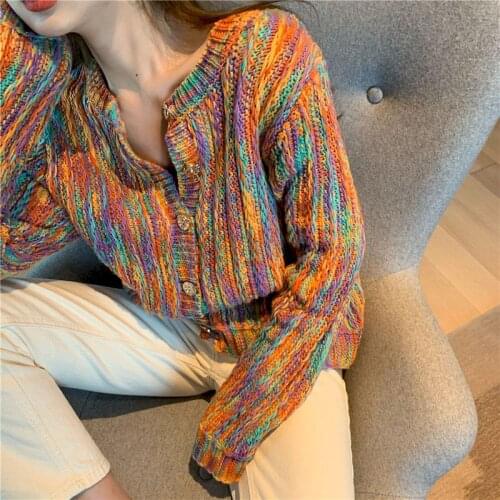 Fall 2021 Women Rainbow Contrast Sweater Knitted Cardigan Jacket Loose Cute Crop Top Kawaii Vintage Harajuku Korean Fashion