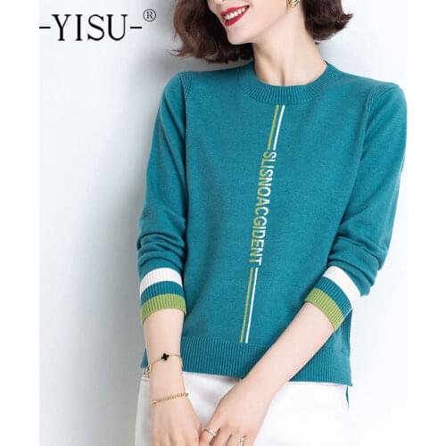 YISU Knitted Sweater Women Spring Autumn Soft Warm Female Knitted Pullovers Basic Loose female Letter embroidery Stripe Jumper