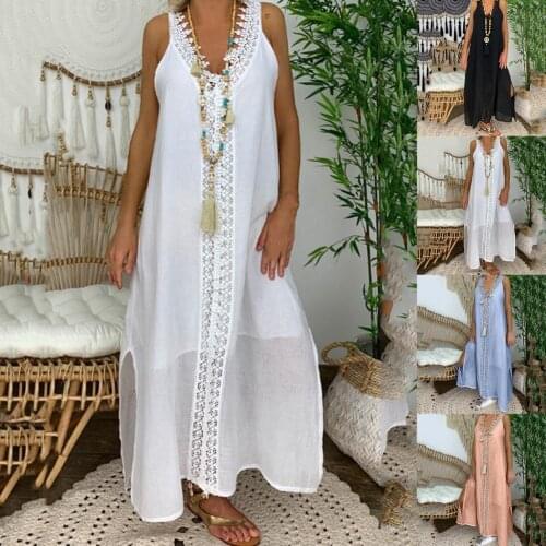 Summer Beach Maxi Dress Women Dress Lace V Neck Summer Patchwork Sleeveless Split Dress Female Holiday Sexy Party Dress Robe 2XL