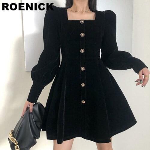 ROENICK Womens Mini Dress Solid Square Collar Short Woman Dress Puff Sleeve Single-Breasted Design Retro Elegant Party Thin