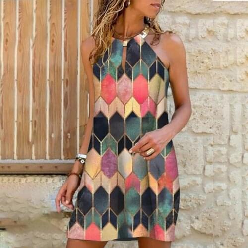2021 Summer Metal Halter A-Line Women Dress Sexy Abstract Painting Sleeveless Pullover Neck-mounted Mini Dress