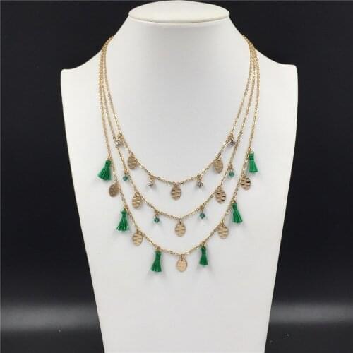 Classic Gold Color Plating Bead Stone Green Thread Tassel Pendant Layered Necklace For Women Elegant Office Lady Decoration
