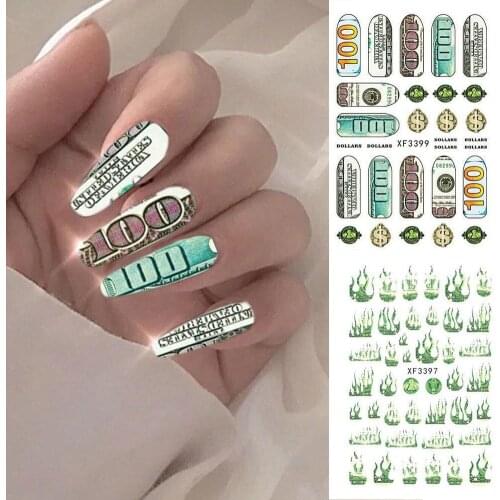 1Sheet Fashion Design 3D Money Dollar Bill Style Nails Art Sticker Wrap Foil Sticker Manicure Tips Nial Decal