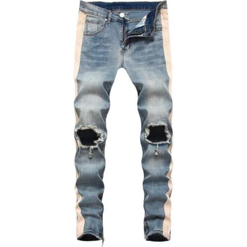 2021 Spring Mens Cotton Ripped Hole Jeans Casual Skinny White Striped Jeans Fashion Male Hip hop Denim Pants Zipper Trousers