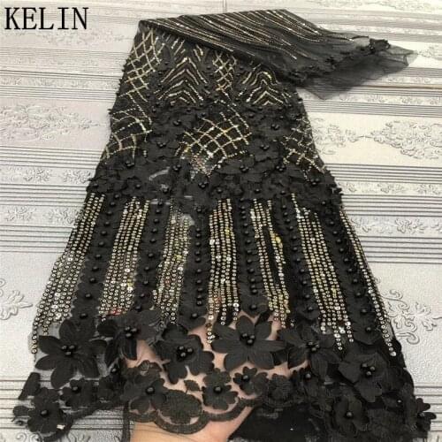 African Lace Fabric 3D Flower High Quality French Tulle Lace Fabric Beads Appliqued Nigerian Net Lace For Wedding Dress JJN515