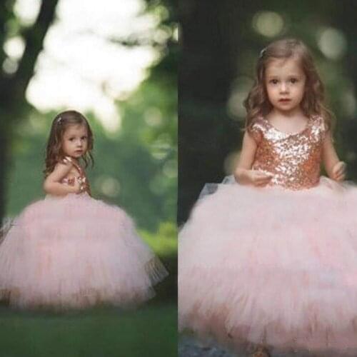 Sequin Princess Ball Gown Flower Girl Dresses for Weeding KidsTulle o neck Children Dresses Long Vestido De Fiesta De Boda
