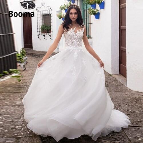 Booma Sleeveless Wedding Dresses Beach 2020 Lace Appliqued Soft Tulle Bridal Gowns Boho vestido de novia Princess Party Dress