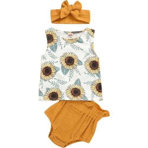 Focusnorm USPS Fast Shipping 0-24M Newborn Baby Girl Clothes Print Sunflower Vest Top PP Pants Sunflower Summer 3Pc Outfit