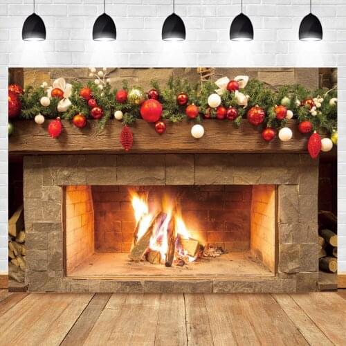 Laeacco Brick Wall Fireplace Burning Flame Photographic Backdrop Christmas Pine Leaves Colored Balls Child Photocall Background