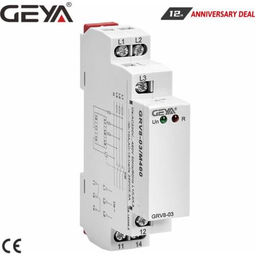 GEYA GRV8-03 Phase Sequence Relay Phase Failure Relay Din Rail Type 45Hz-65Hz True RMS Measurement Control