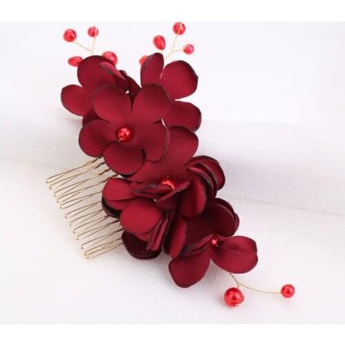 Red Champagne Pink Flower Hair Comb Bridesmaid Hair Clip Bridal Hairpin Wedding Prom Hair Jewelry For Women Party Hairband Gift