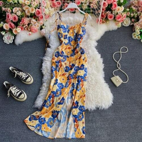 Guilantu Summer Spaghetti Strap Asymmetrical Long Dress Sleeveless Backless Bohemian Beach Dresses Sexy Club Party Robe Longue