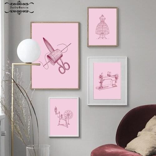Clothing Making Sewing Machine Tool Dress Model Minimalist Pink Posters and Prints Girls Room Fashion Shop Decor Canvas Painting