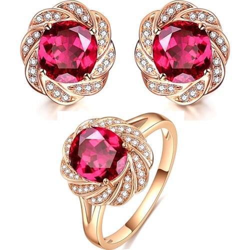 MOONROCY Rose Gold Color CZ Crystal Red Crystal Earring and Ring Wedding Jewelry Set Flower Womens Gift Dropshipping