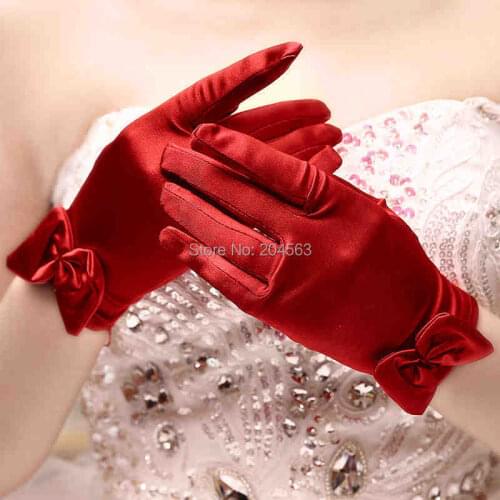 Short Wedding Party Finger Gloves Red Wrist Satin Bridal Gloves with Bow
