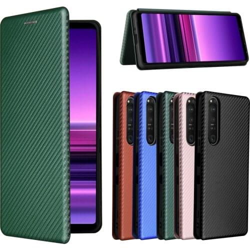 Synthetic Fiber Leather Case for Sony Xperia 1 III 6.5" Carbon Fiber Flip Cover For Sony Xperia1 III Wallet Book Cases + Ring