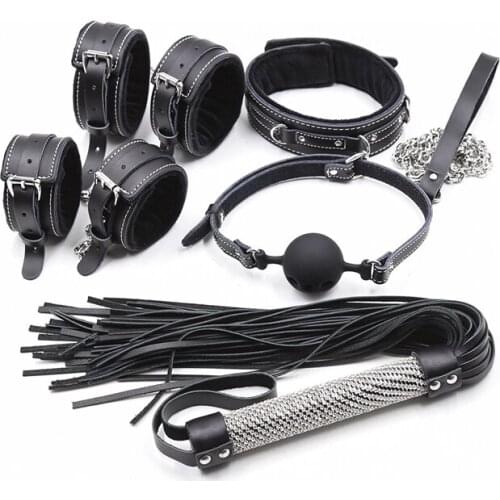 5 Set Bondage Gears Mouth Gaps Leather Whips Handcuffs Foot Constraint Fuzzy Neck Rings Adult Teaching Toys Sex Products BDSM