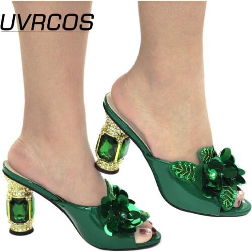 Latest Green Color African Pumps Shoes Summer High Heels Italy Women Wedding Shoes Rhinestone Elegant Women Summer Slippers