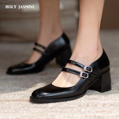 Retro Casual Women Pumps Genuine Leather High Heel Mary Janes Shoes Woman New Arrival Metal Buckle Concise 2021 Spring New Pumps