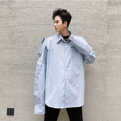 Personality Design Long Sleeve Blue Shirt Men Harajuku Casual Shirts Hip Hop Korean Fashion streetwear Blouse Chemise Homme