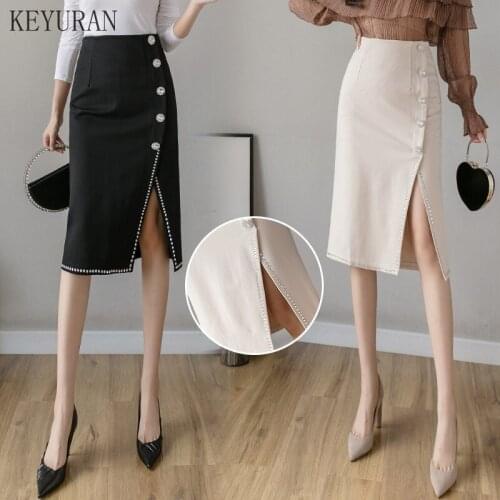High Waist Diamond Slit Button Pencil Skirts For Women 2021 Spring korean Sexy Party Plus Size S-5XL Womens One-step Skirt