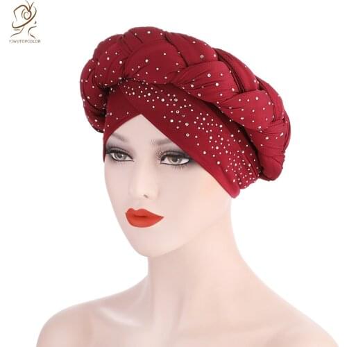 Hot Sale Womens Diamond Hot Stamping Turban Hat African Women Turban Hat Nigeria Turban Loose And Comfortable Twist Braid Cap