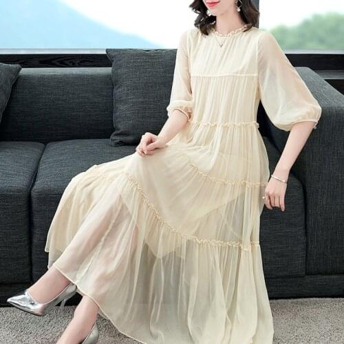 High Quality 100% Silk Summer Dress Woman Midi Casual Dresses for Women Elegant Dress Female 2021 Vestido De Mujer Pph3310