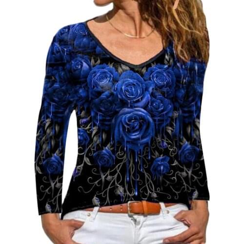 Long Sleeve Women T-shirt Fashion Rose Printing Casual Tee Shirt V Neck Slims Fit Ladies Tshirt Streetwear Top