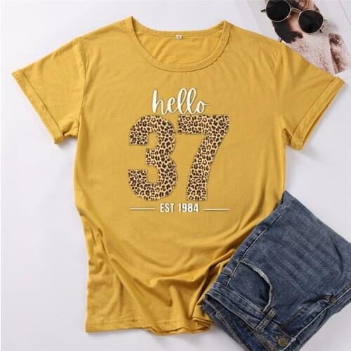 37th Birthday Hello Leopard Print Thirty Seven Bday Gift Her Year Old 100% Cotton Lady Clothes Fashion O Neck Short Sleeve y2k