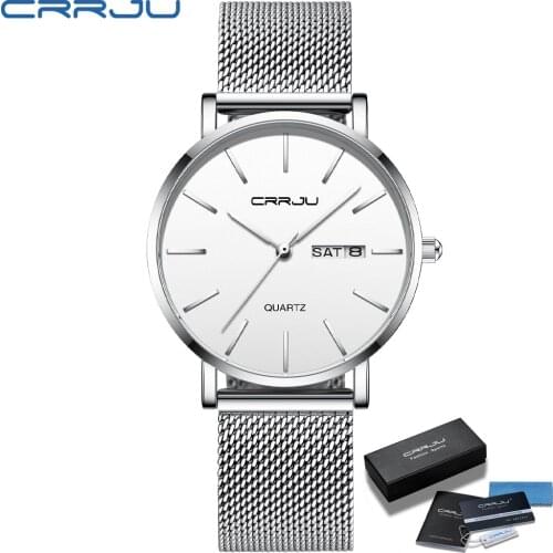 Women Watches CRRJU Japan Quartz Movement Auto Date Minimalist Woman Wristwatch Lady 36mm Stainless Mesh watch relogio feminino