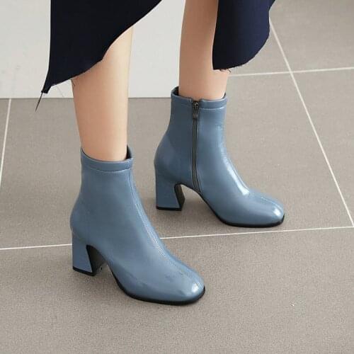 Ladies New Short Boots Spring Autumn PU Zipper Womens Shoes Fashion Square Toe Thick High Heel Large Size Winter Knight Boots